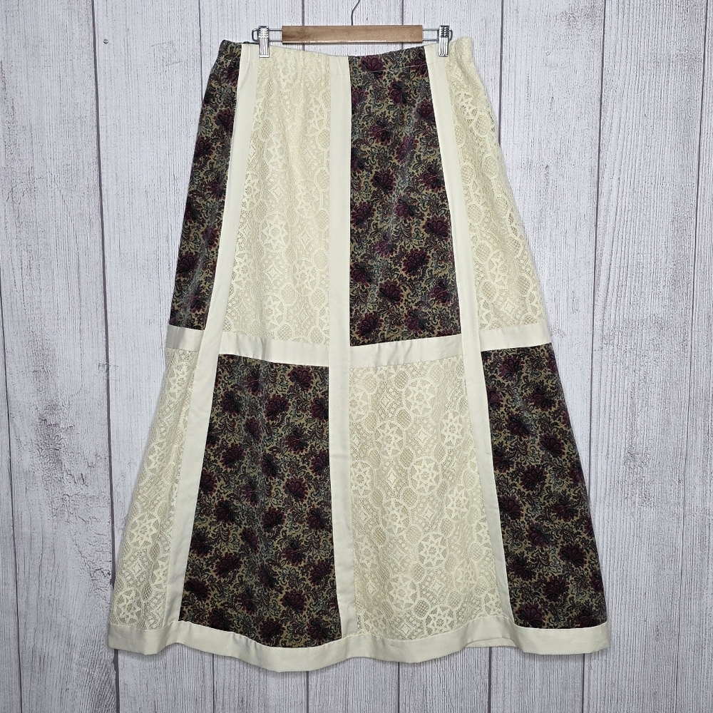 VTG 70s Chessa Davis Boho Patchwork Maxi Skirt Lace Floral Cottagecore, sz Large